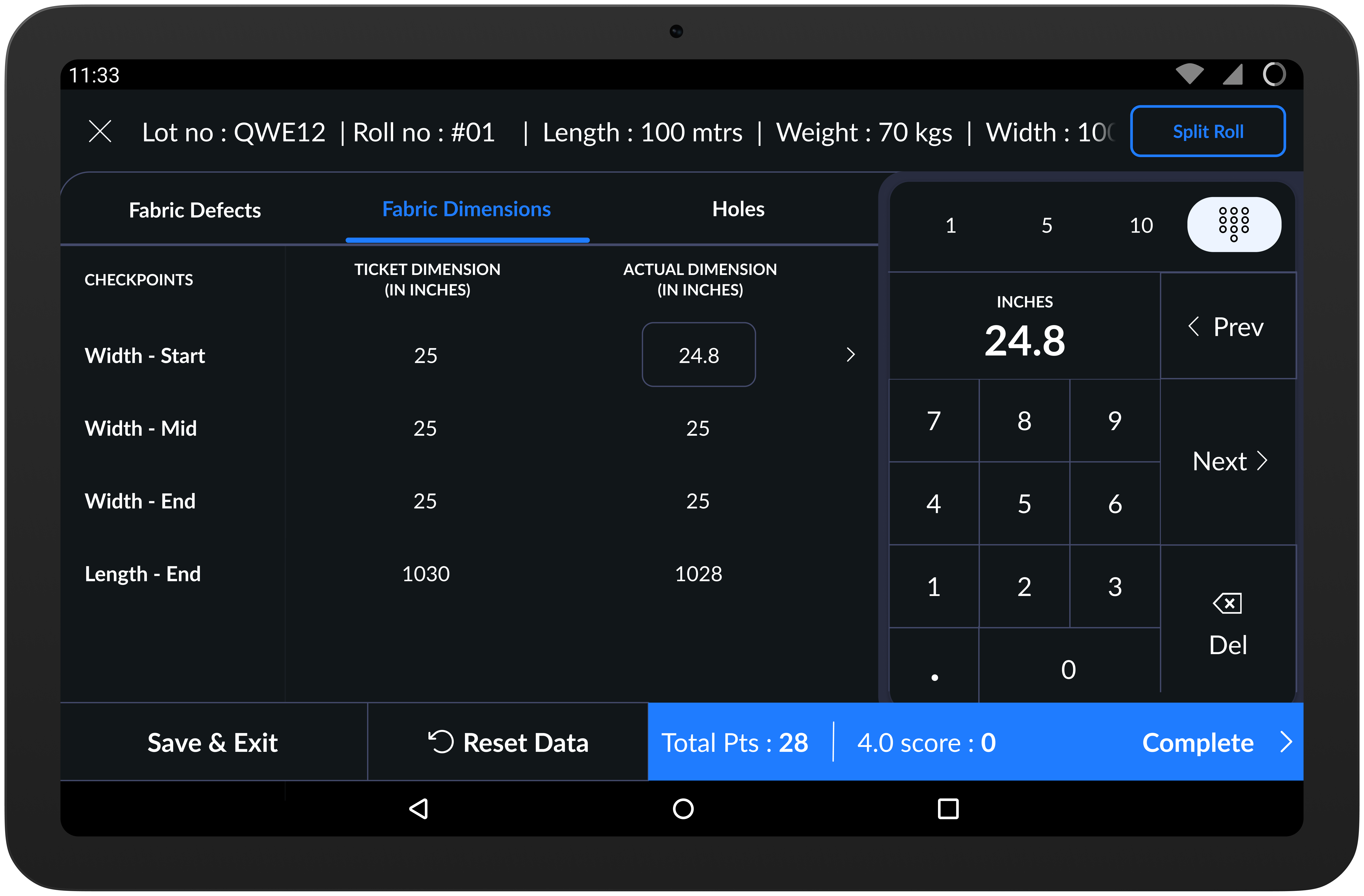 Fabric dimensions input screen