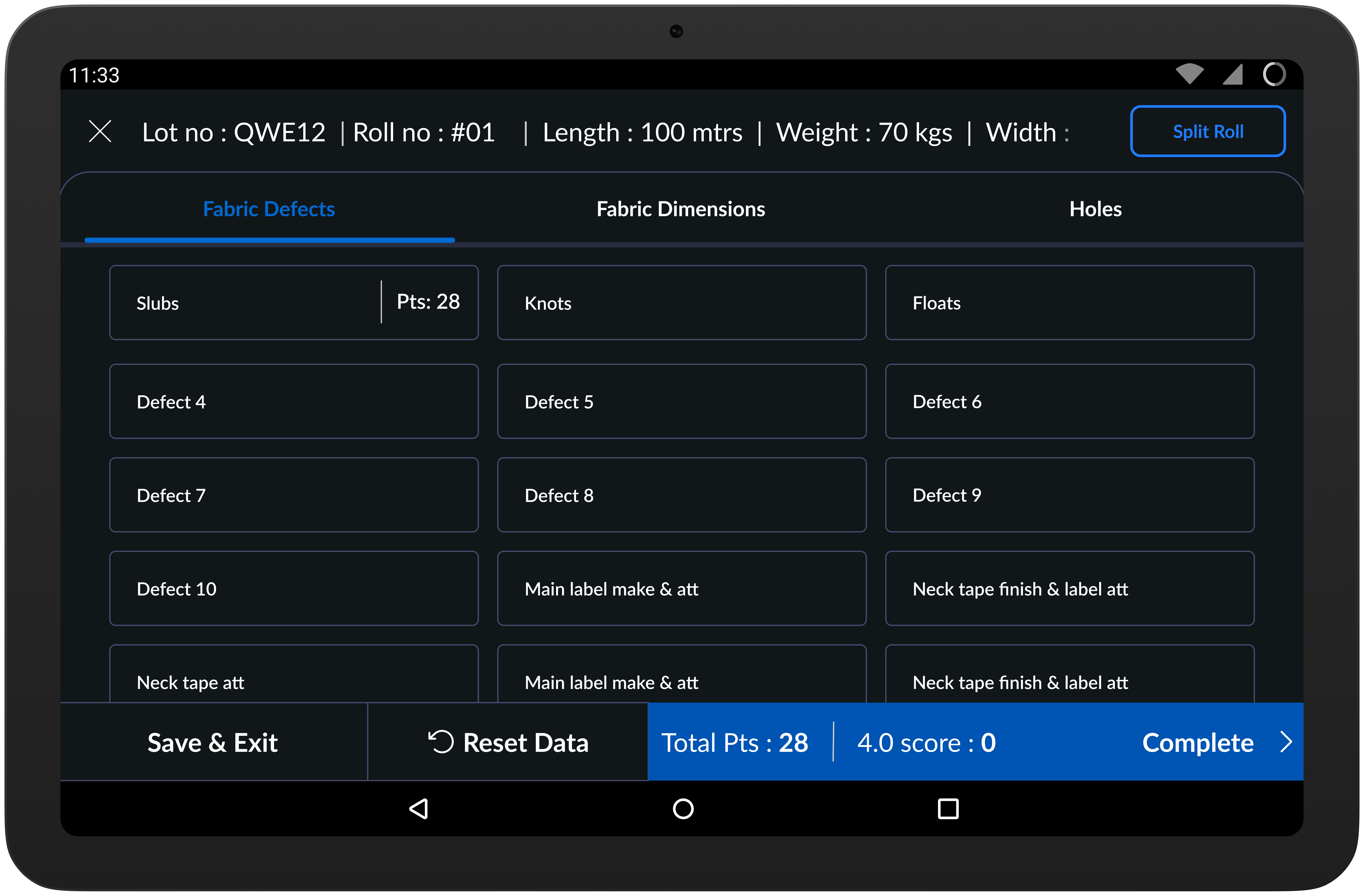 Fabric defect logging screen