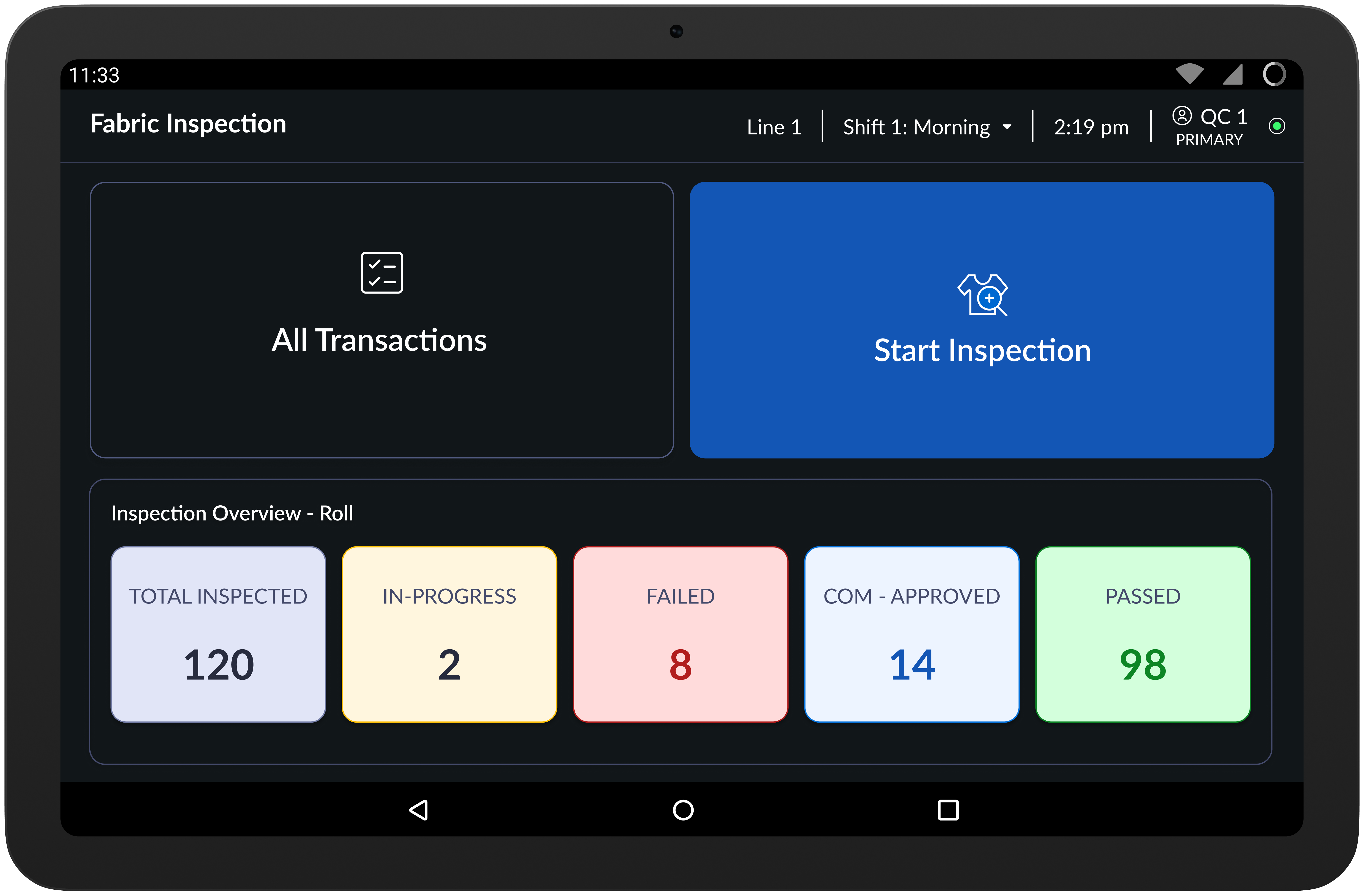 Lot and roll selection screen