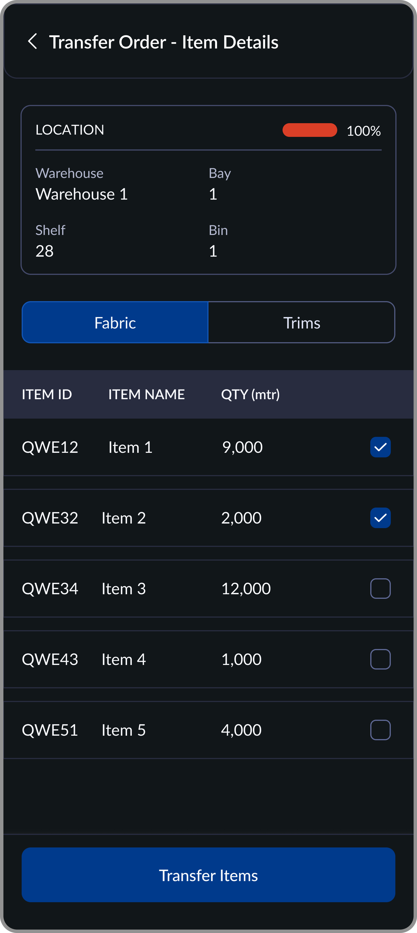 Item selection screen