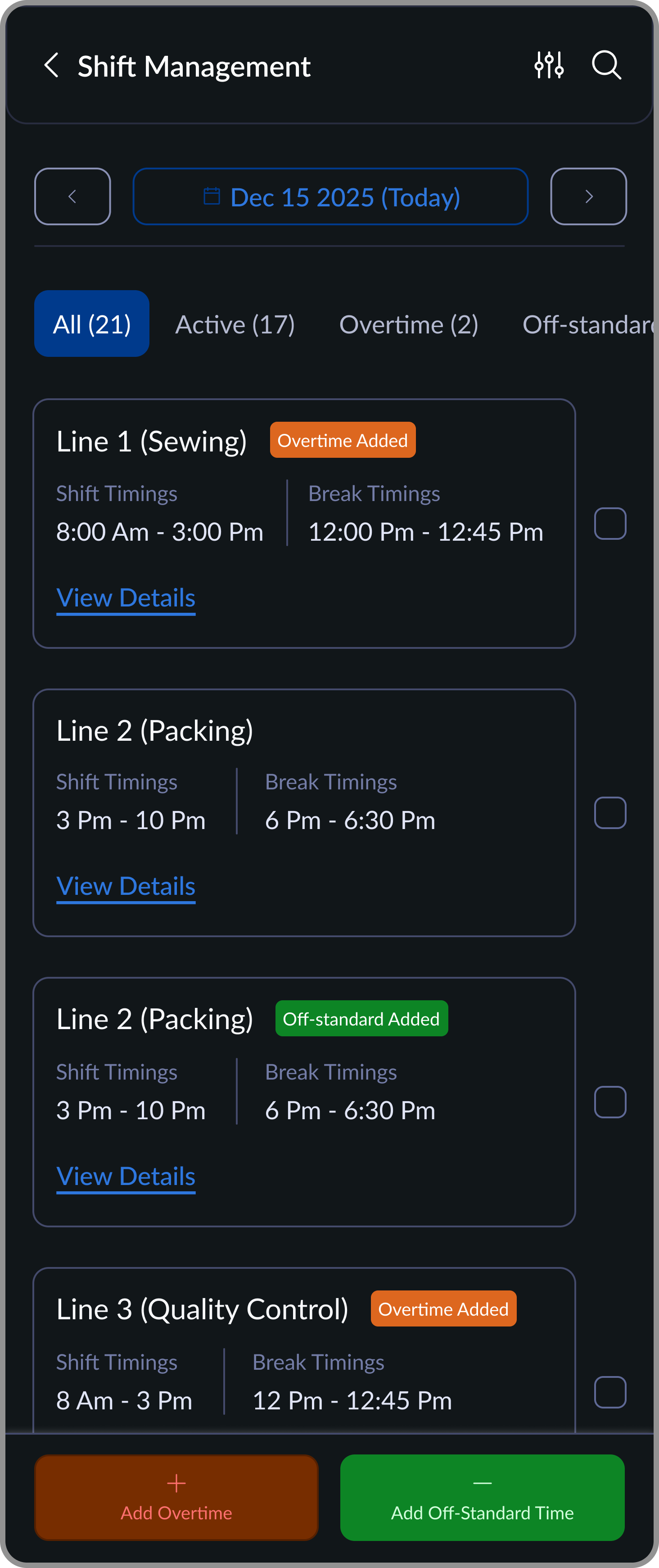 Shift overview by line screen