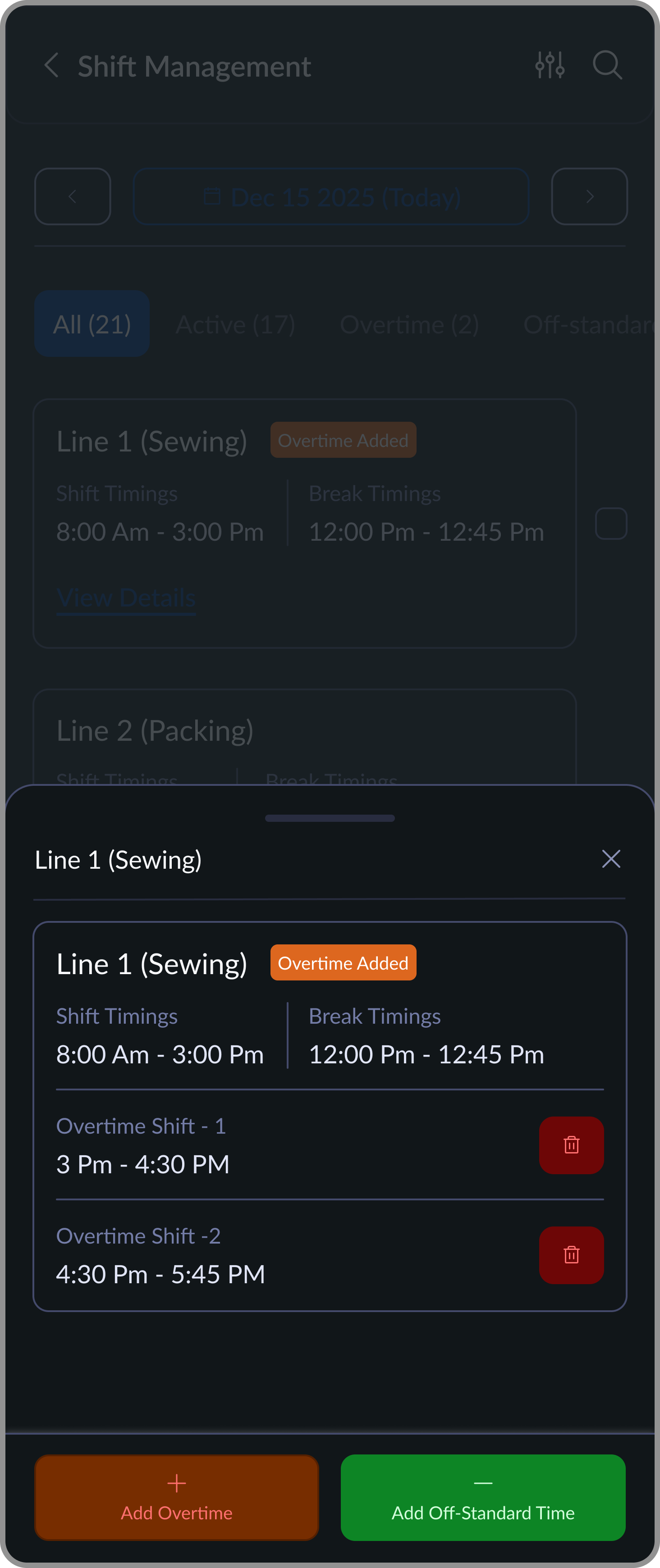 Overtime details view screen
