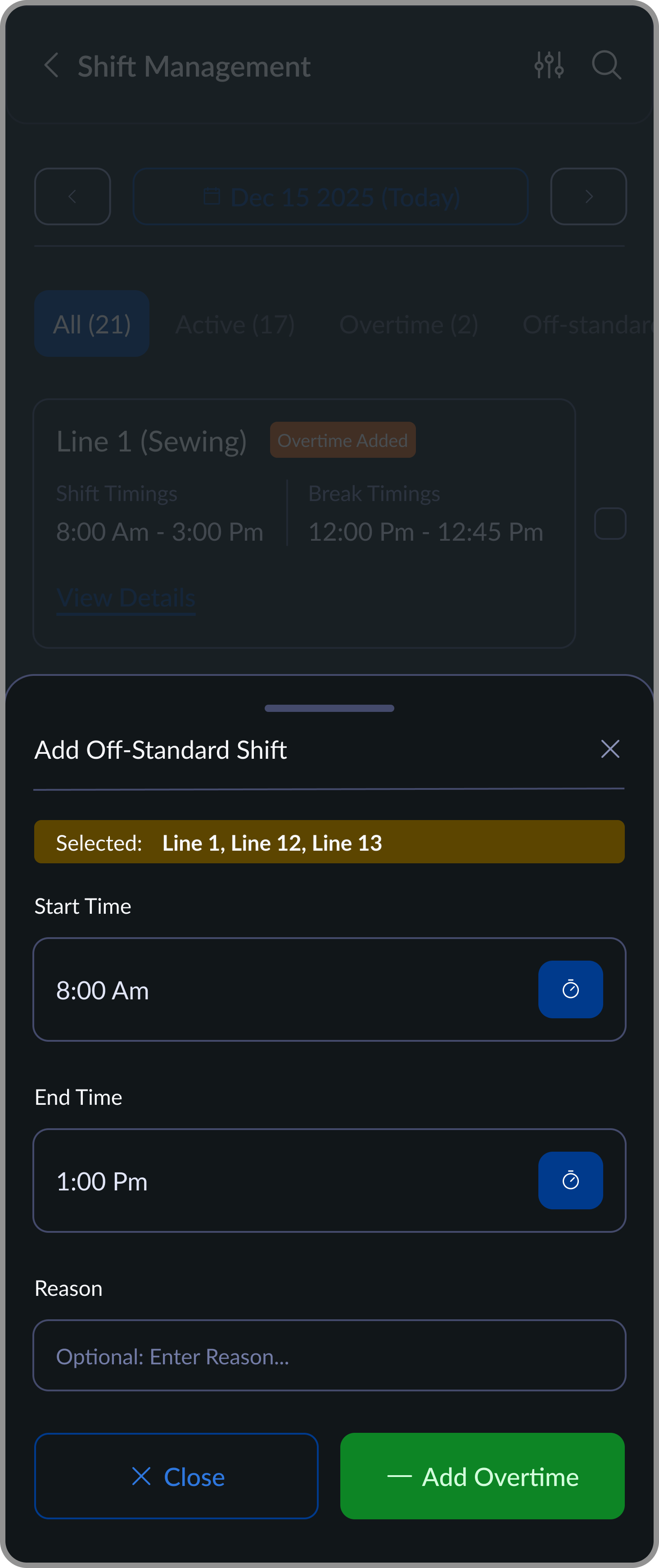 Add off-standard shift screen