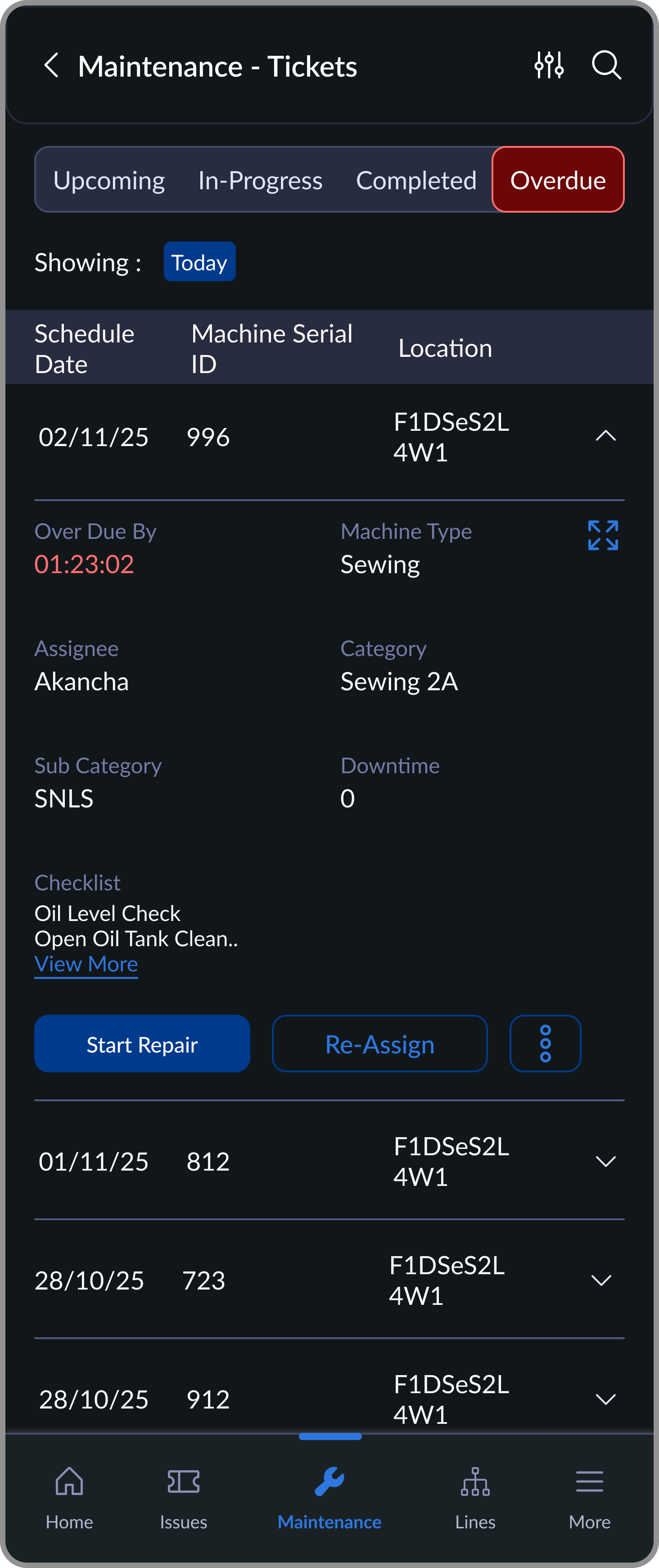 Overdue maintenance tasks screen