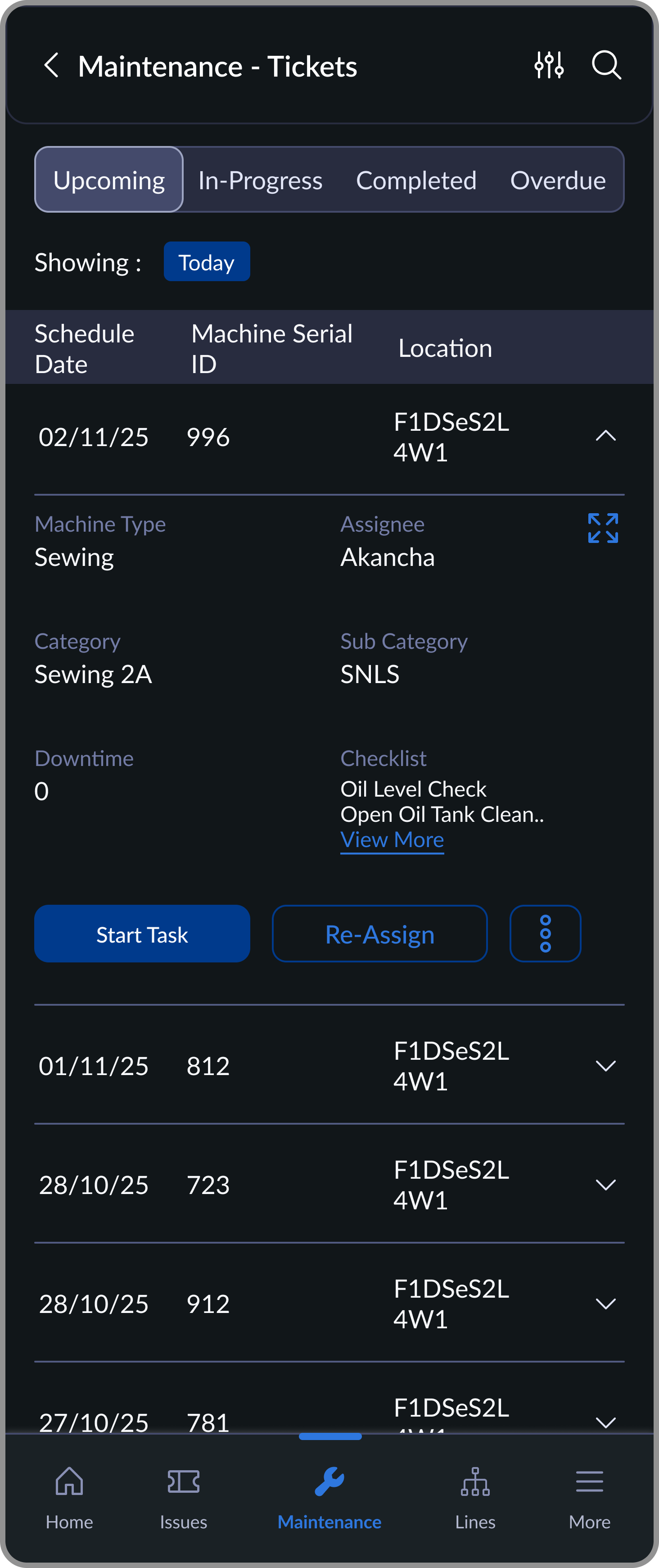 Upcoming maintenance tasks screen
