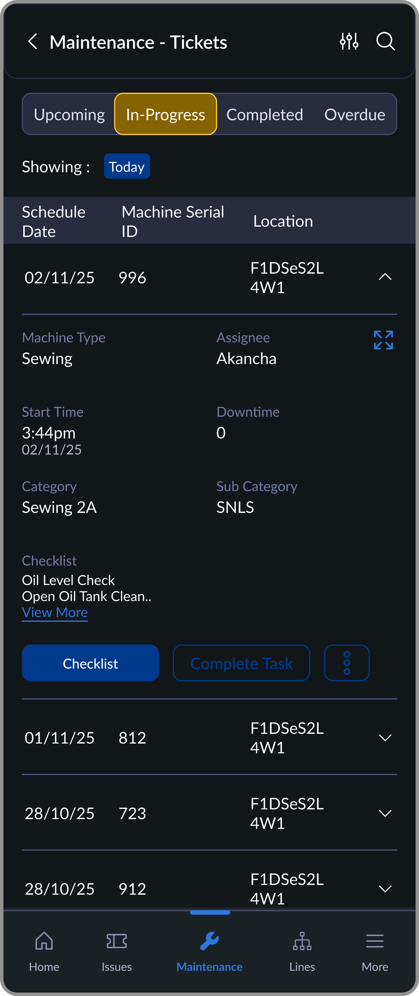 In-progress maintenance tasks screen