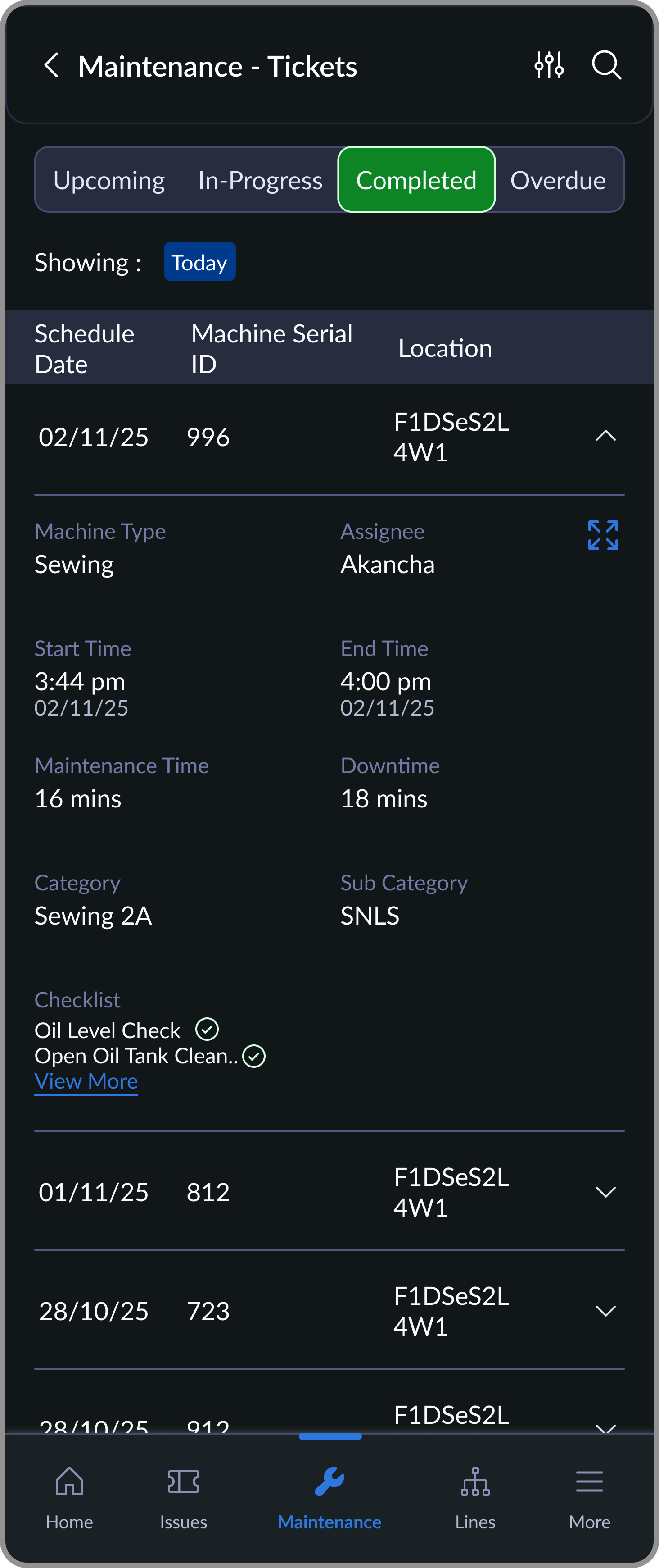 Completed maintenance tasks screen