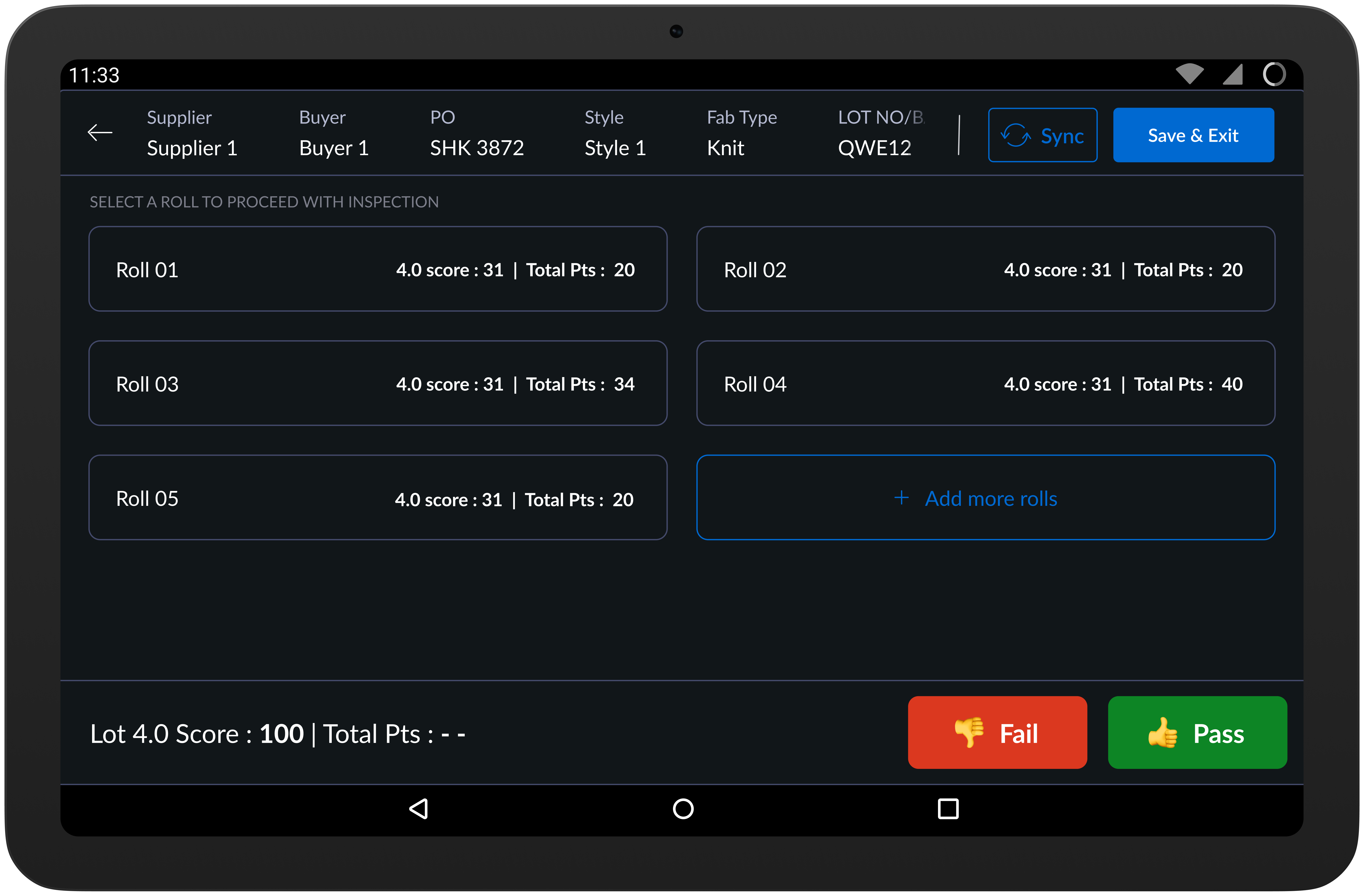 Roll grading and lot closure screen