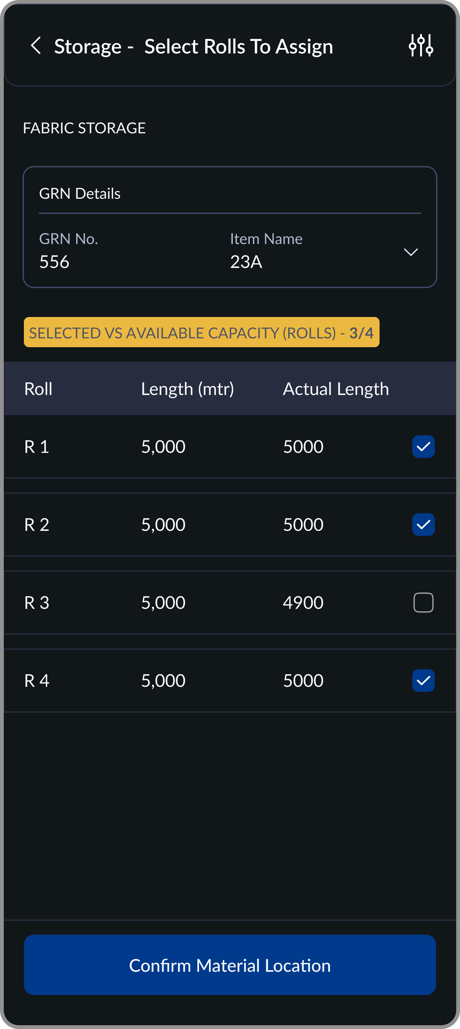 Storage assignment screen 3