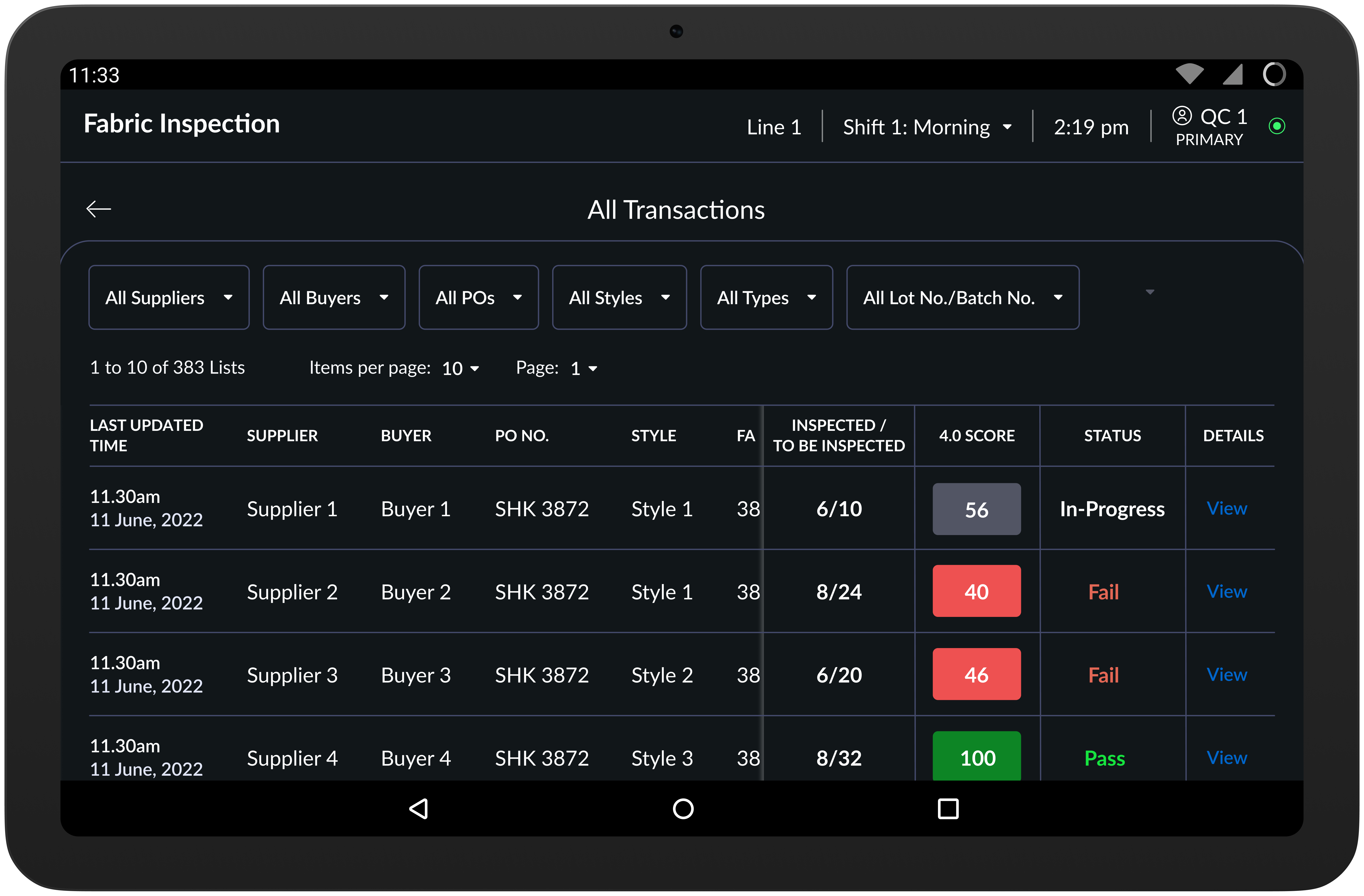 Transaction logs and commercial approvals screen