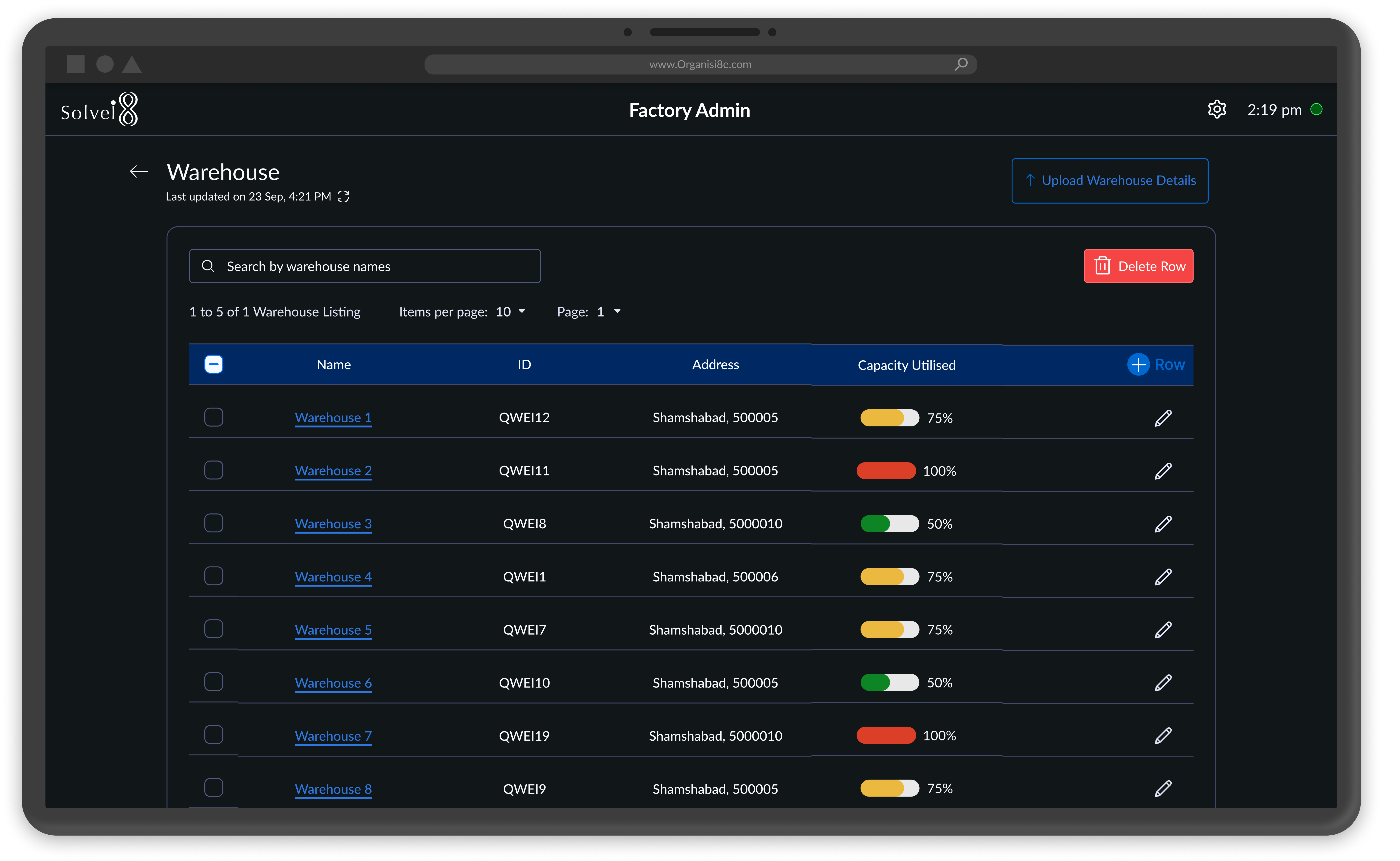 Warehouse management screen